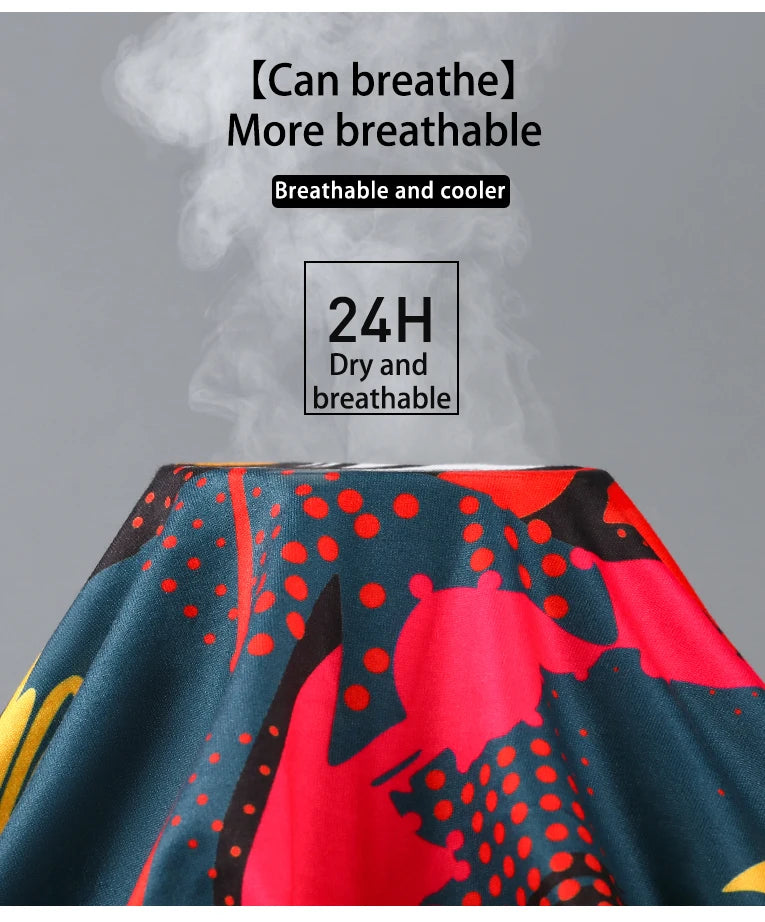 Multicolor printed boxer shorts fabric close-up with red, blue, and black graphic print
