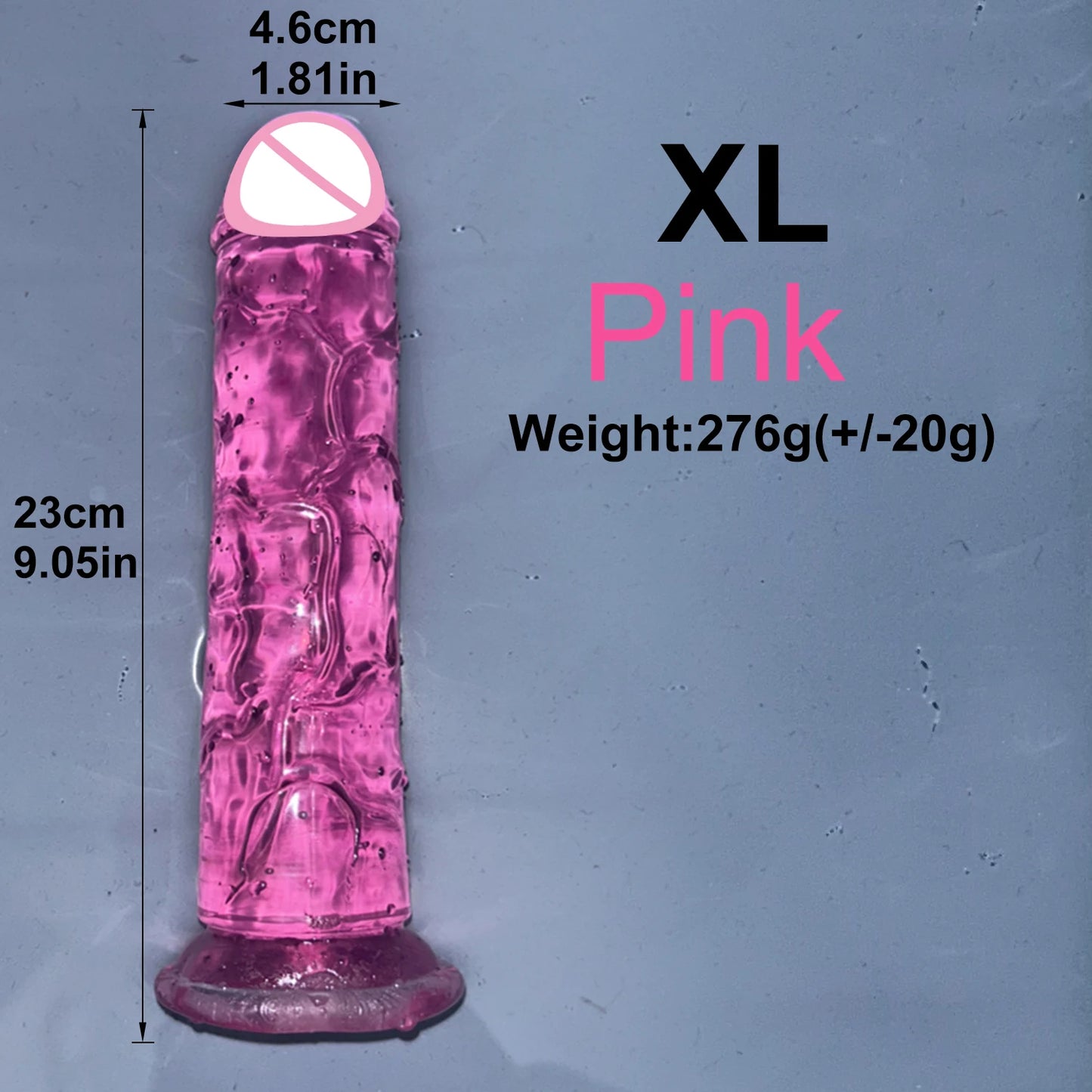 Transparent jelly dildo with suction base, XL, shiny pink color