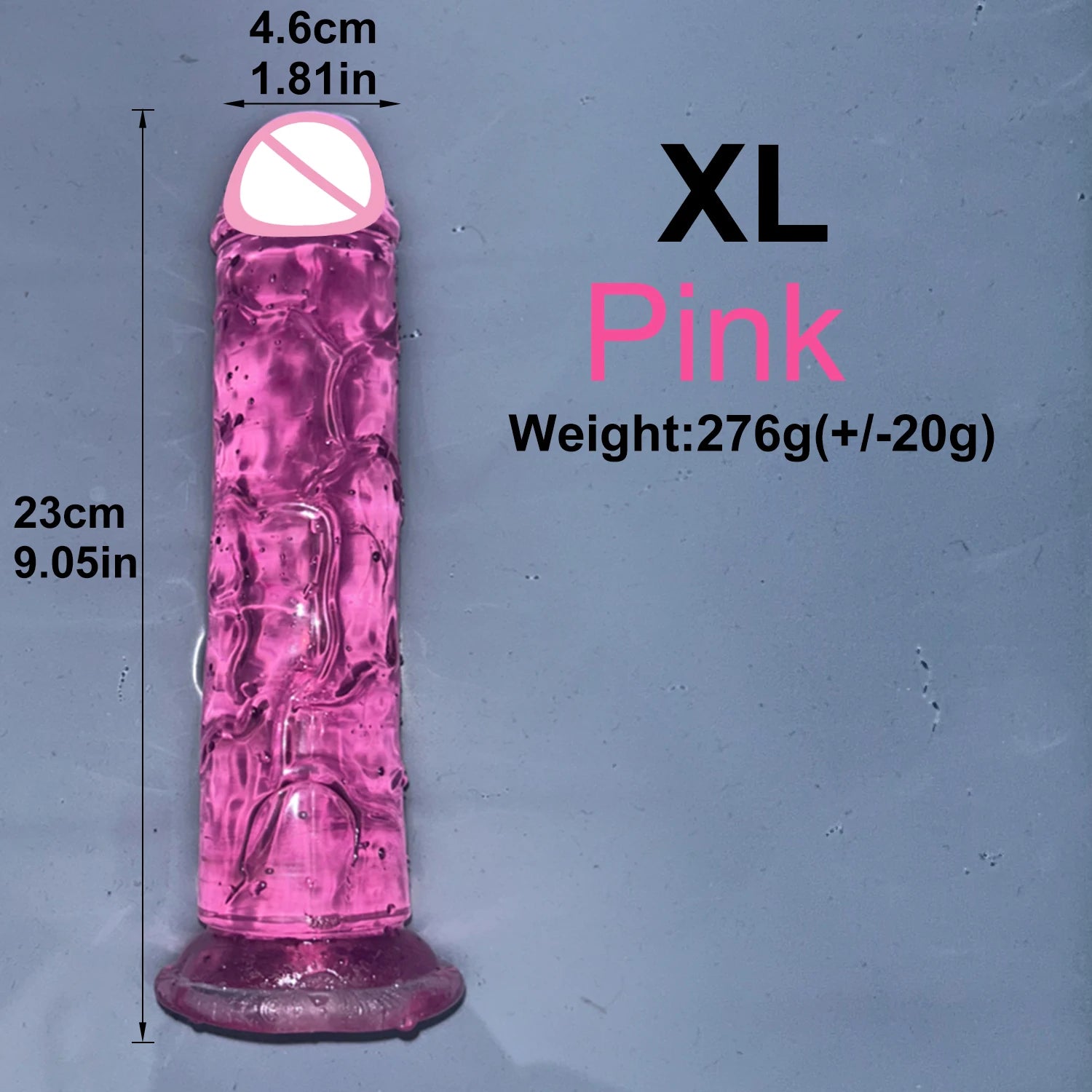 Transparent jelly dildo with suction base, XL, shiny pink color