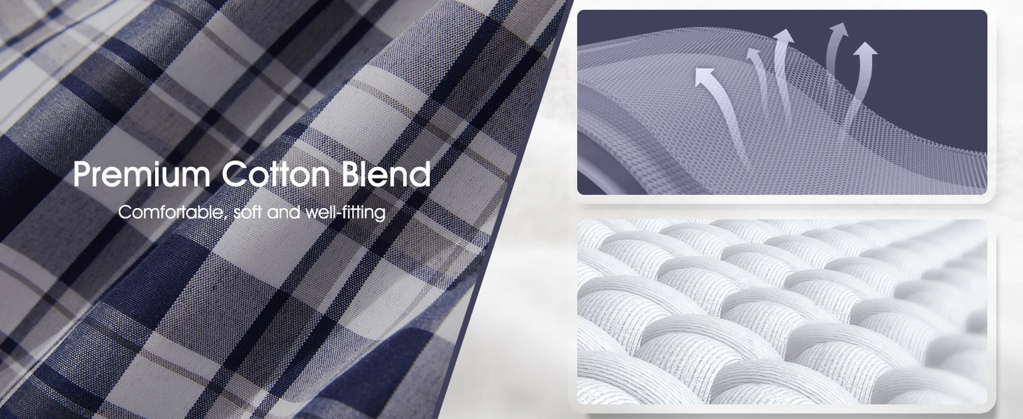 Plaid woven boxer shorts fabric swatch in dark blue and light blue stripes