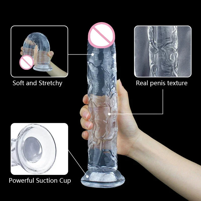 Hand-held clear blue transparent jelly dildo with suction cup