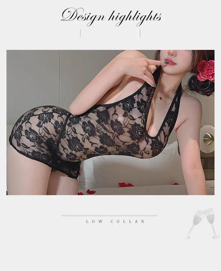 Black lace halter mini dress with floral sheer fabric and wide open-back