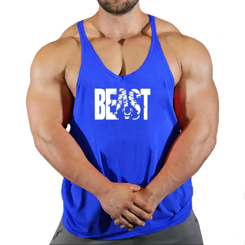 Gym stringer singlet, blue, deep scoop neck and thin straps with BEAST chest print