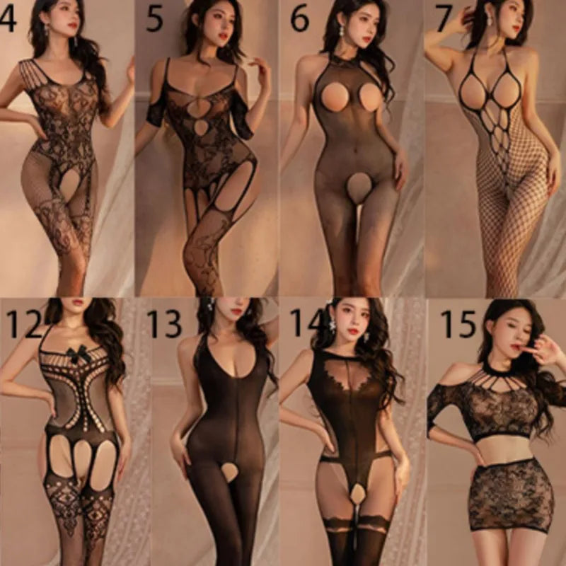 Black fishnet bodysuit with deep V front, bow detail, and circular cut-outs