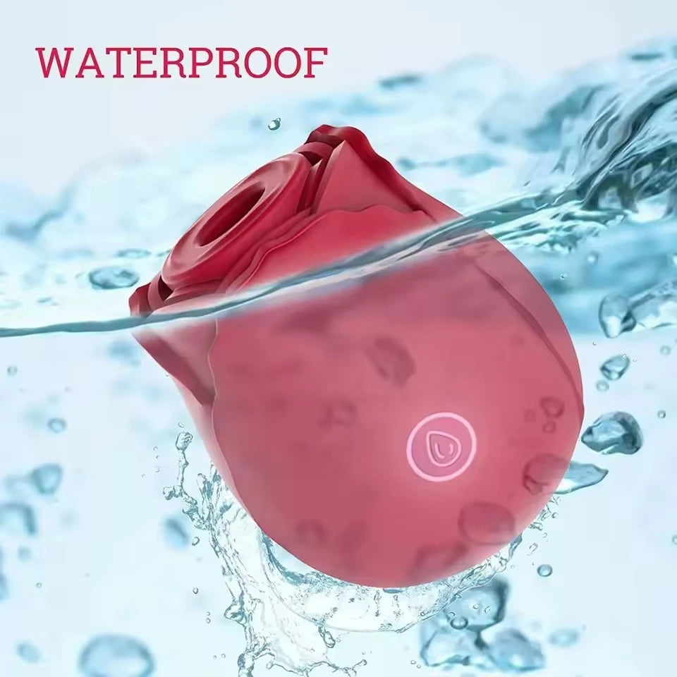 Red rose suction clitoral vibrator with water splash; sealed body for waterproof use