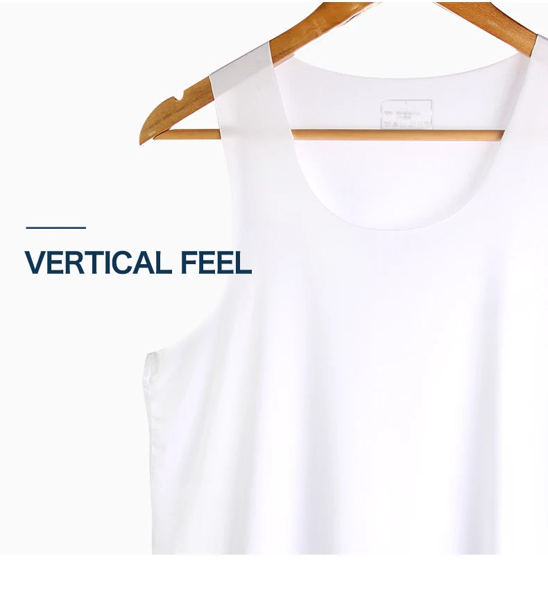 Men's seamless fitness vest, white, hanging on hanger, scoop neckline