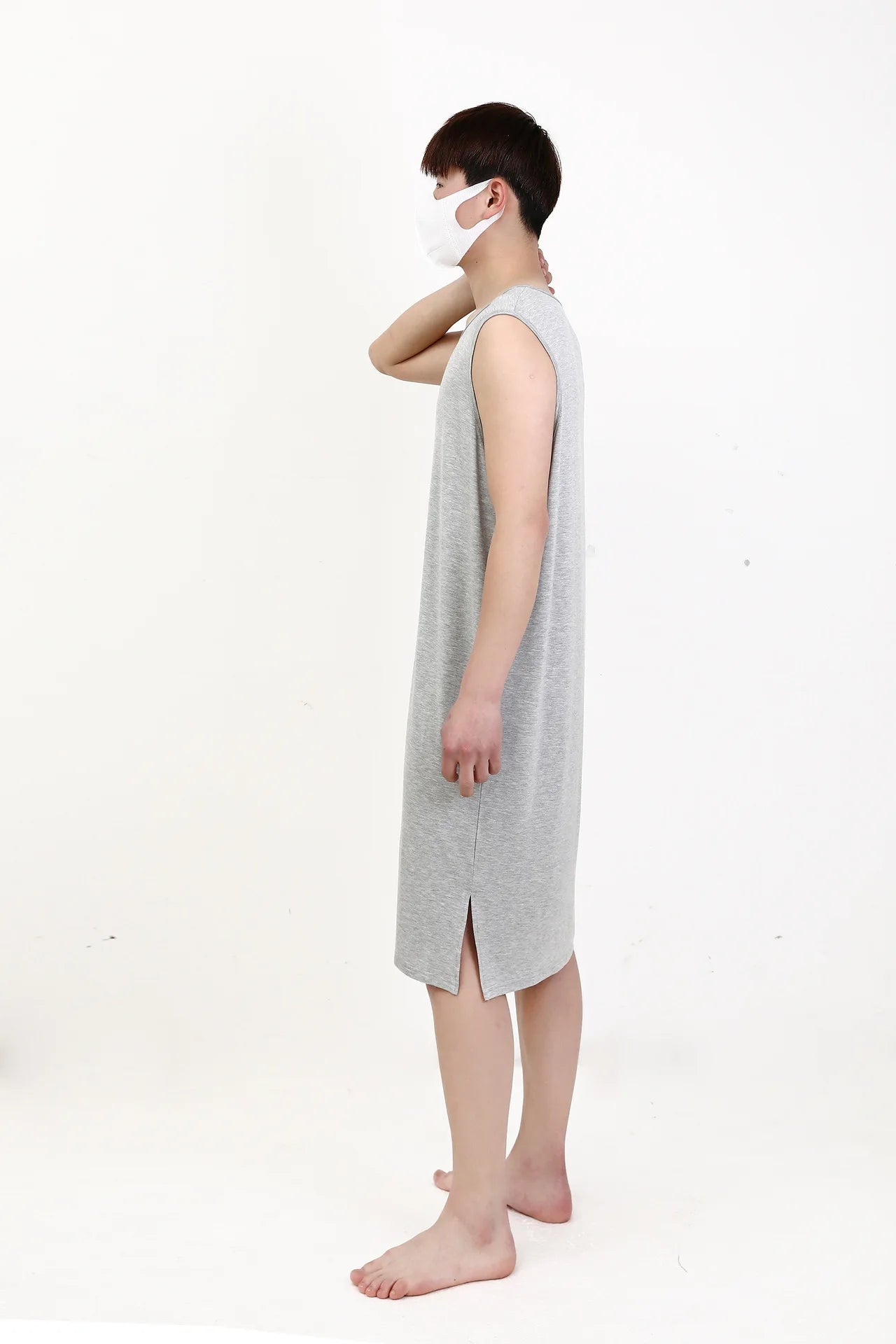 Gray sleeveless sleepwear vest dress, side view with slit hem