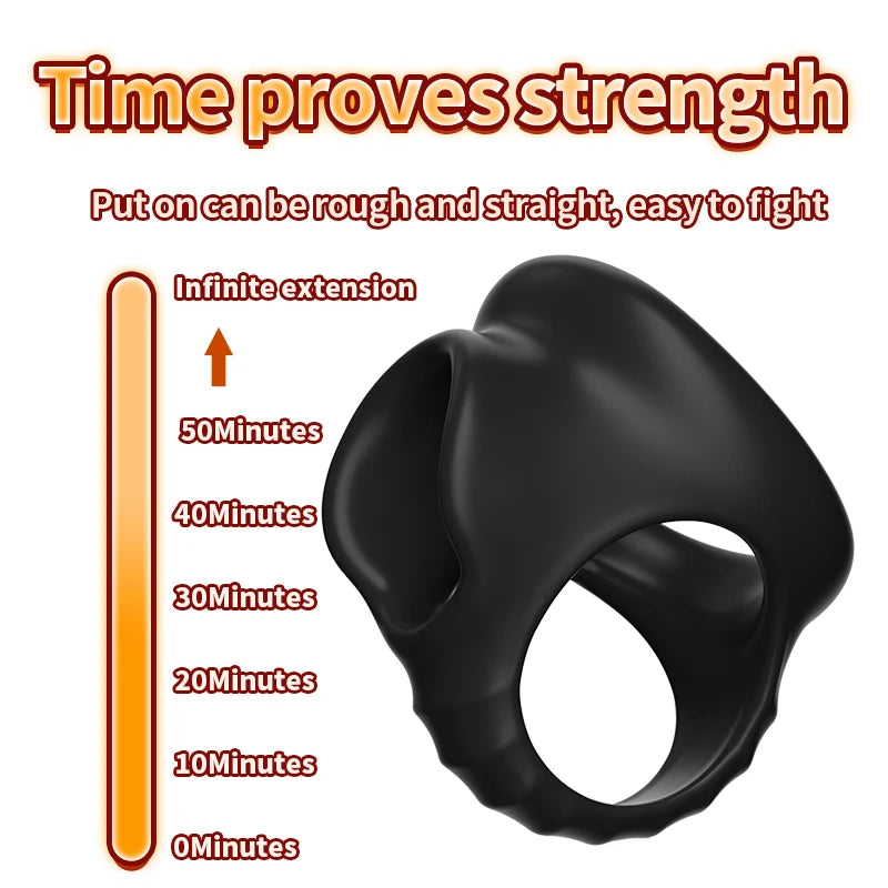 Silicone delay cock ring in black, rounded four-hole design with inner opening