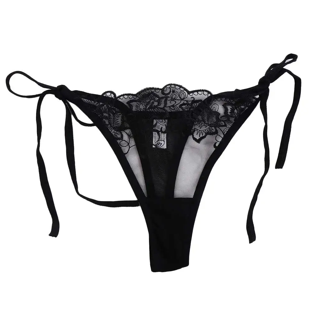 Embroidered lace panty brief in black with sheer side panels and tie bows