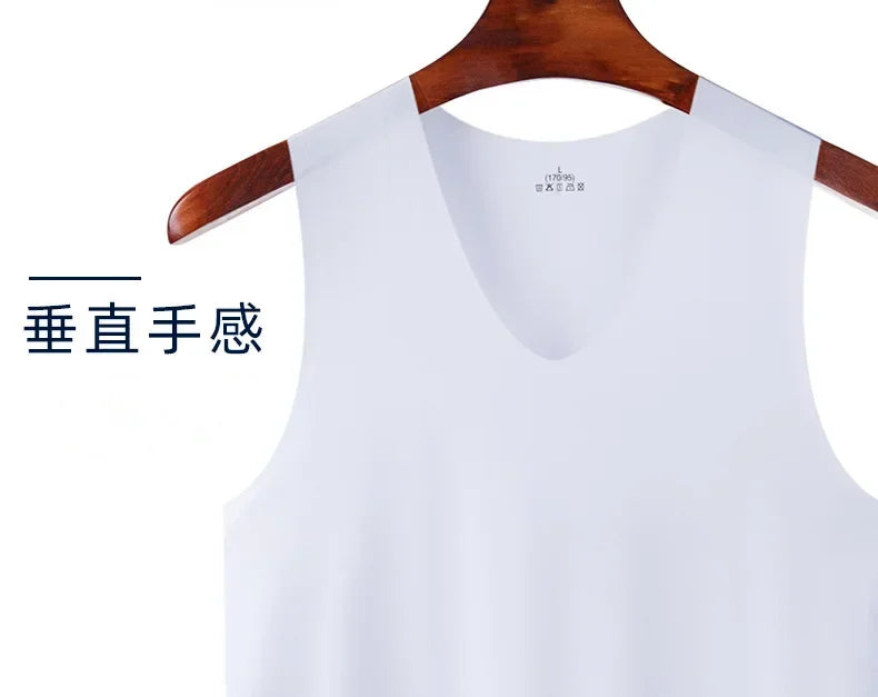 White men's traceless V-neck sleeveless tank top close-up on hanger