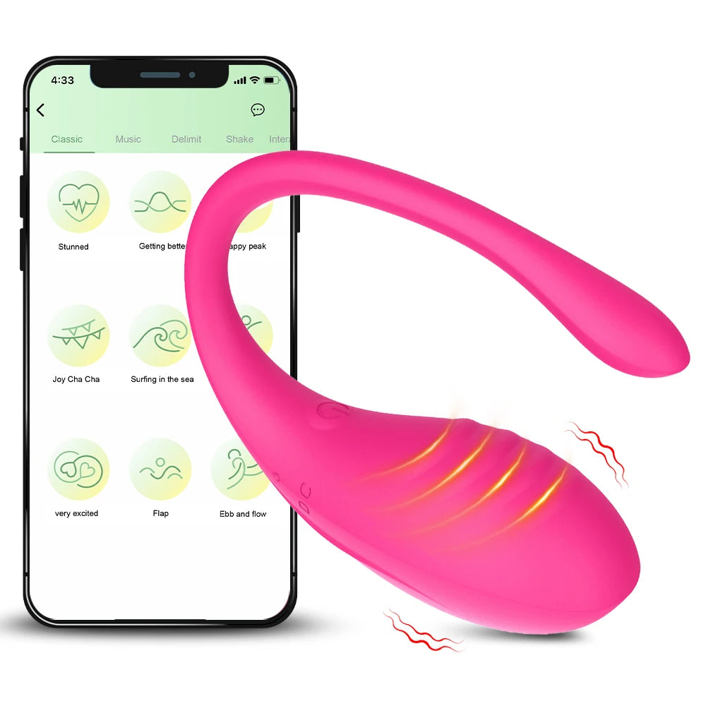 Pink curved G-spot Bluetooth wearable vibrator with wavy base, app-controlled