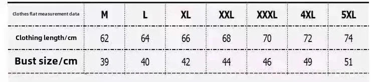 Clothing size chart for men's tank tops: M to 5XL with length and bust