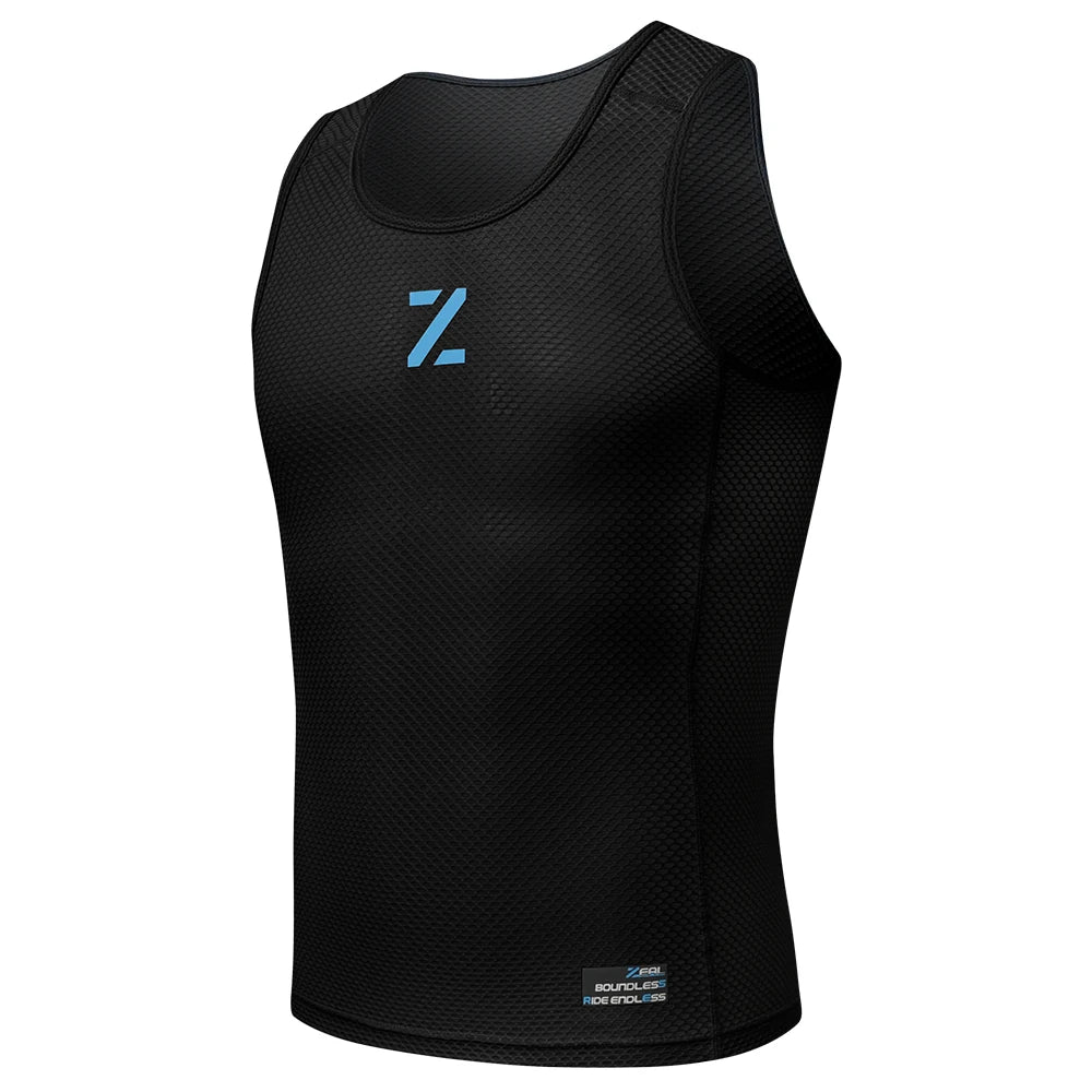 Cycling mesh vest base layer in black, sleeveless crew neck, breathable texture.