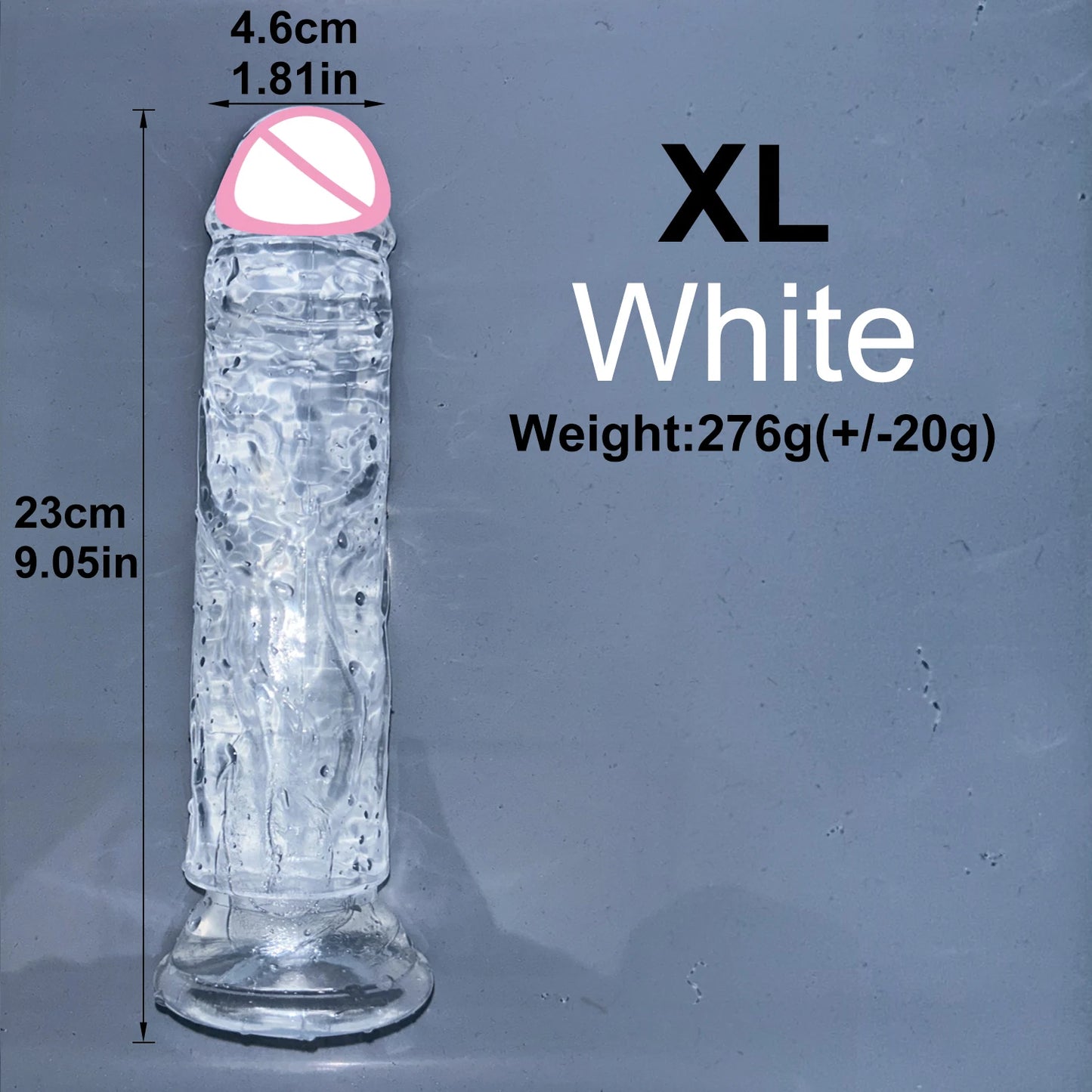 Transparent jelly dildo with suction base, XL, white color