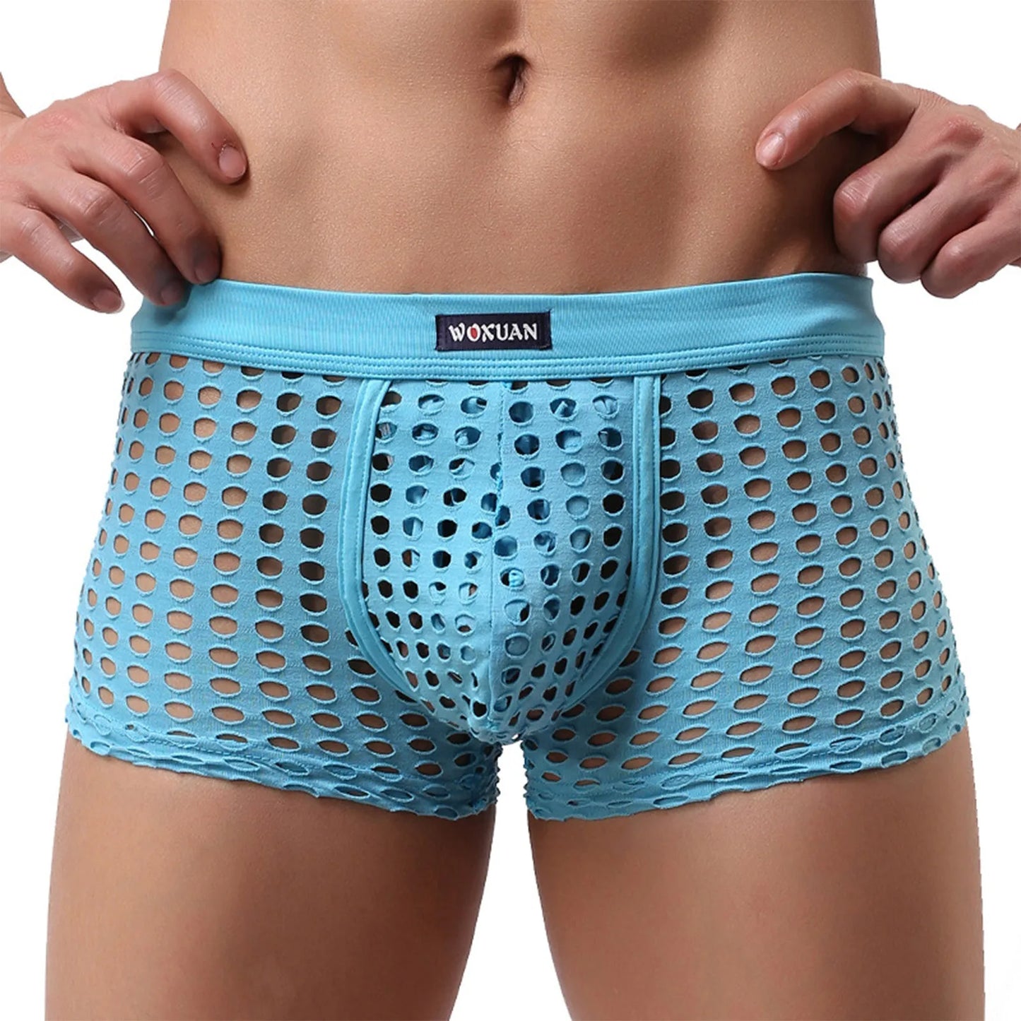 Open-mesh cutout boxer shorts, light blue, perforated mesh with pouch front on model.