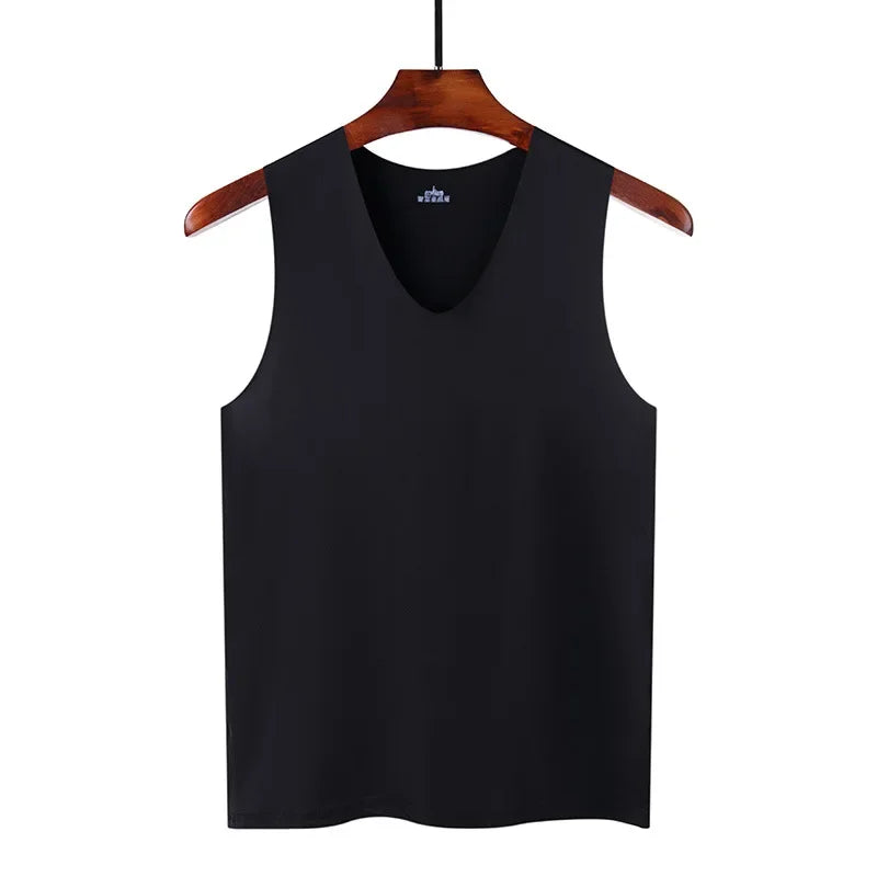 Men's ice silk traceless tank top, black sleeveless V-neck