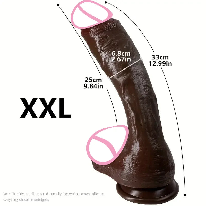 Oversized realistic dildo, XXL, dark brown/black tone, thick base end, curved.