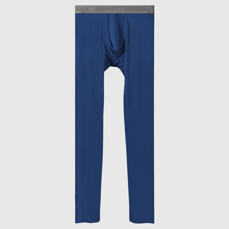 Blue thermal base layer pants, front flat lay with fitted leg openings
