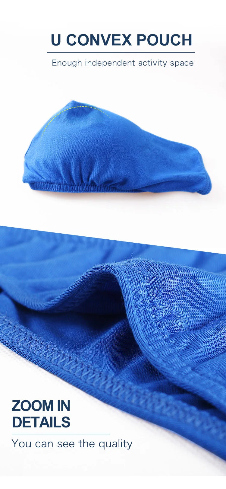 U-convex pouch detail on modal brief fabric, vivid blue close-up