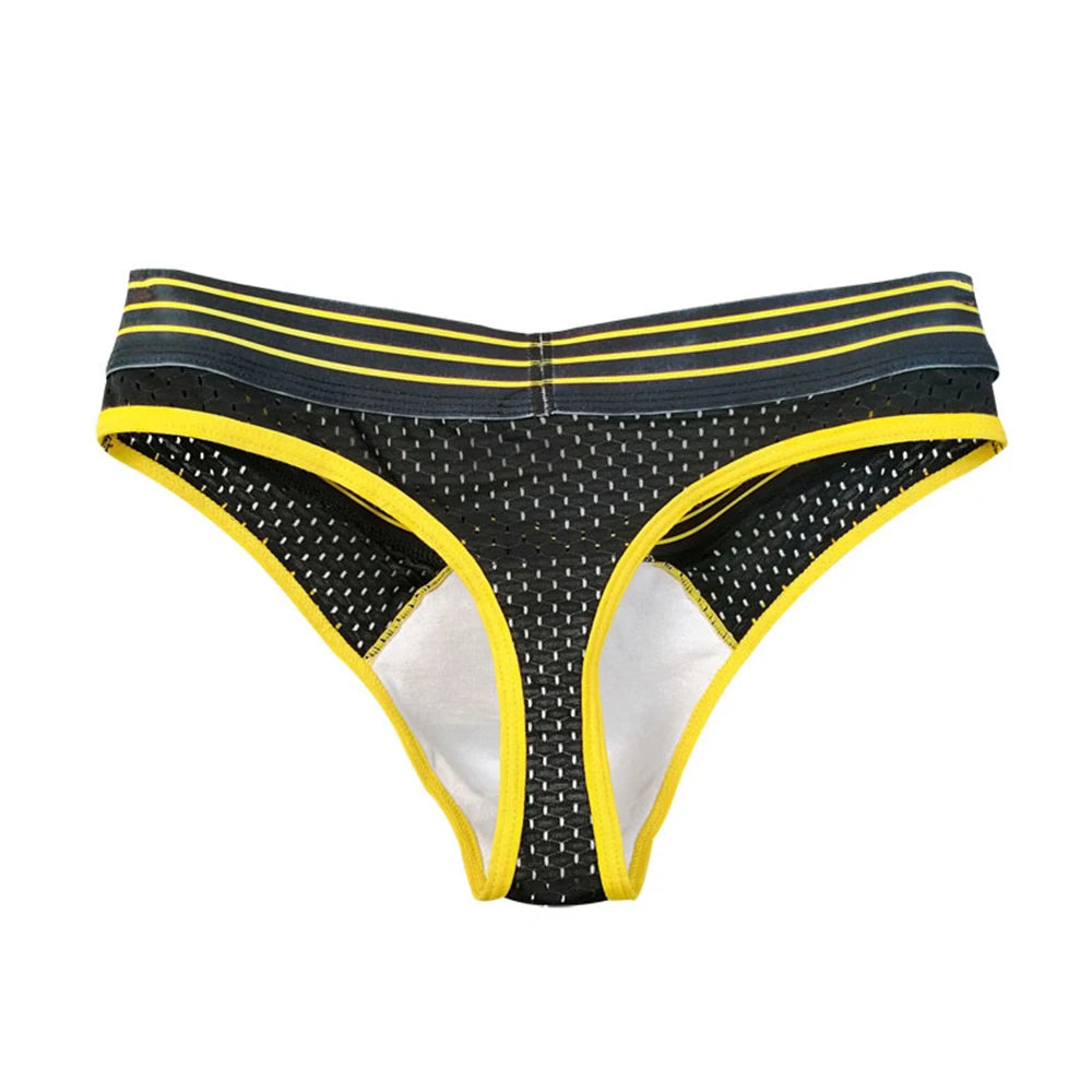 Black mesh U-pouch brief with yellow trim and striped waistband, front view