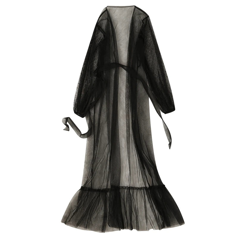 Black sheer lace long robe nightgown with long sleeves, tied waist, and ruffled hem