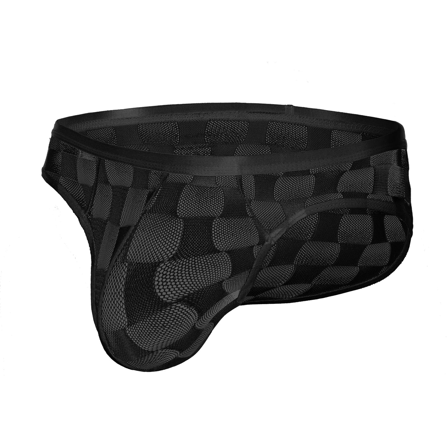 Black transparent checkered mesh brief, front view with elastic waistband