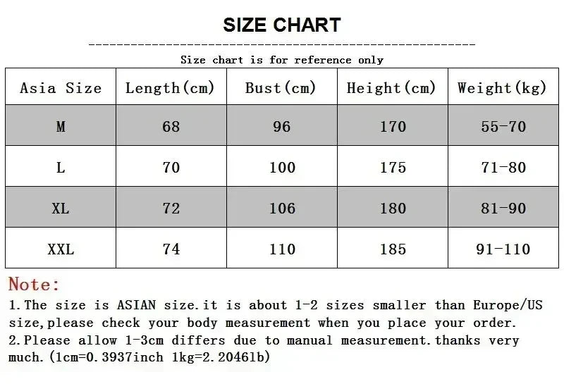Men's gym stringer singlet size chart table with length, bust, height, and weight