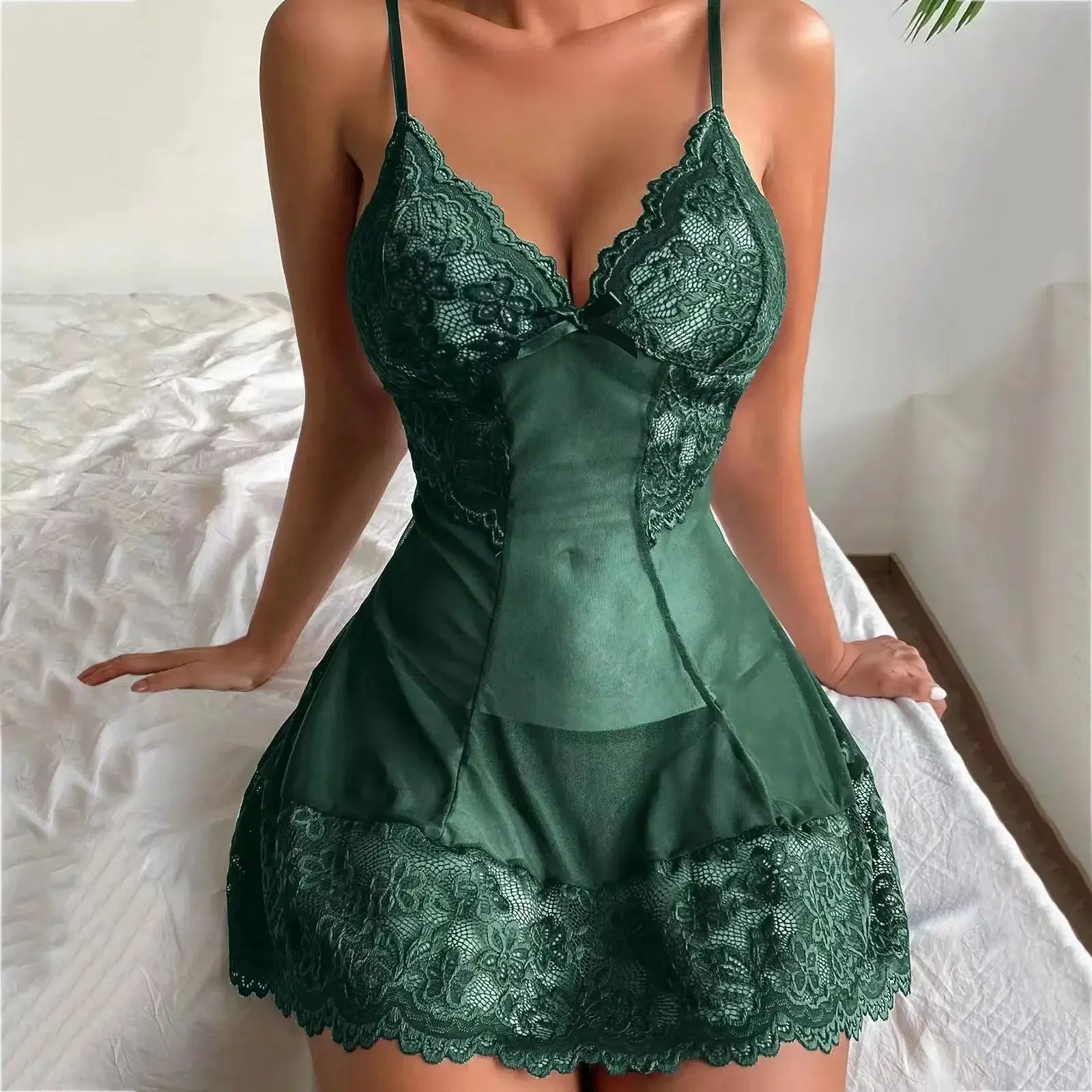 Sheer lace babydoll teddy nightdress, green sheer bodice with lace cups and scalloped hem