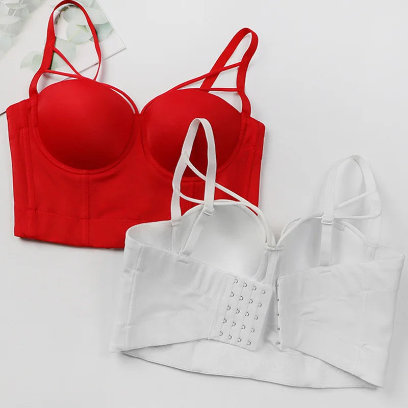 Red and white corset bustier bras with front hooks and underwire cups