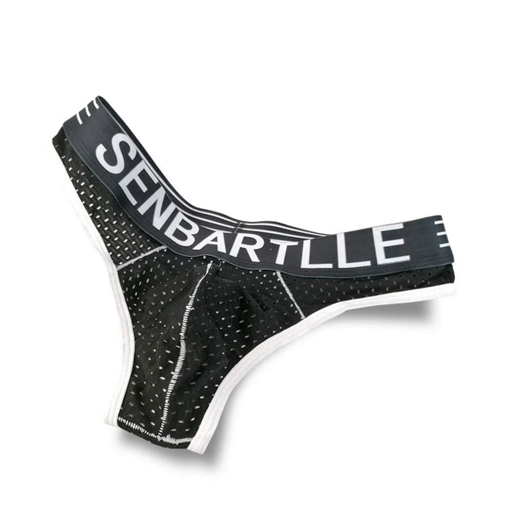Black letter print U-pouch mesh brief with white waistband text and white trim