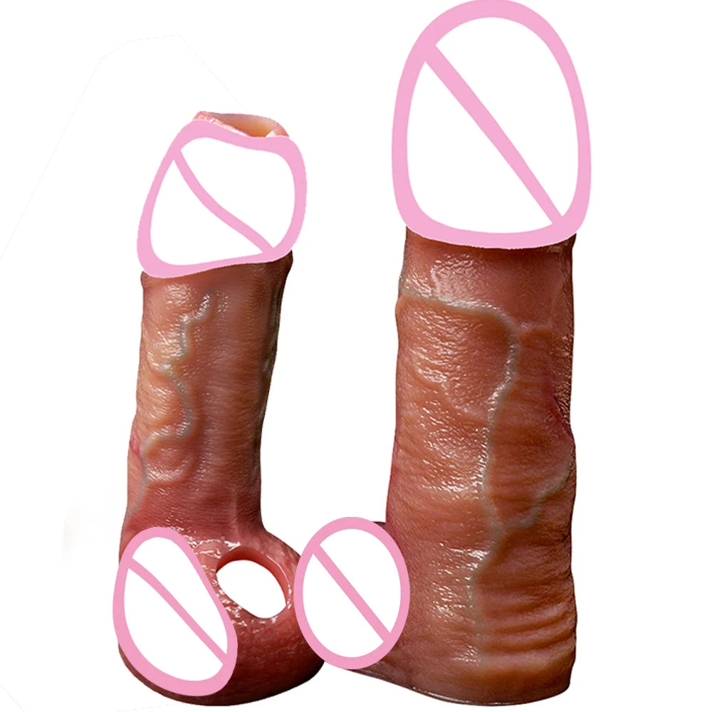 Silicone penis extension sleeve, brown skin texture, front view with inner cutout