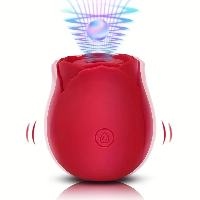 Red rose suction clitoral vibrator front view with vibration wave effect around head