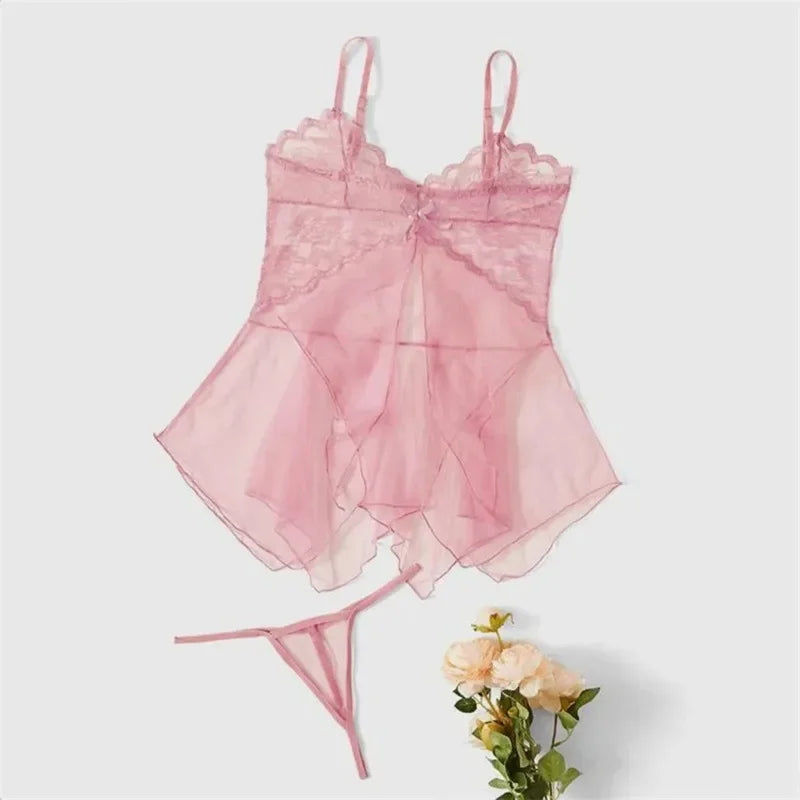 Pink sheer tulle lace babydoll chemise set with matching thong, lace-trim cups