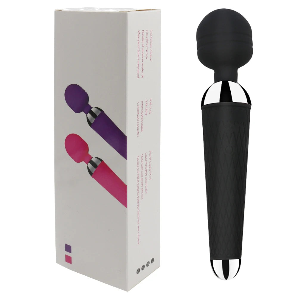 Rechargeable magic wand vibrator, black with rounded head and textured handle