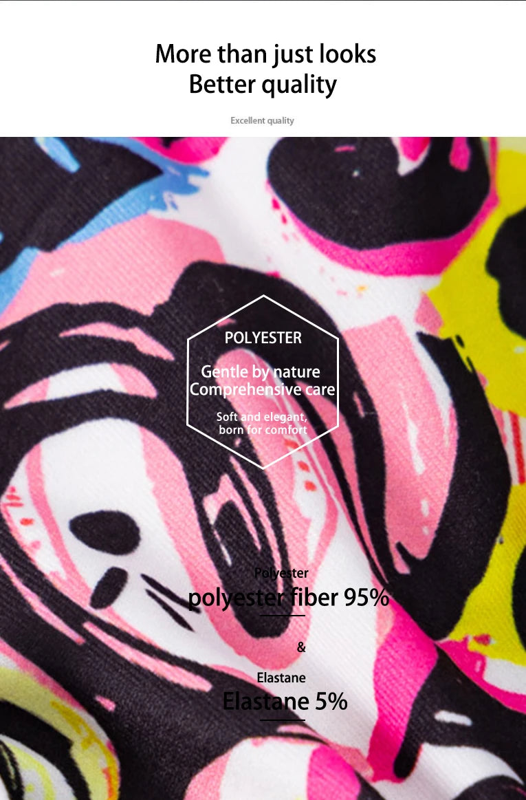 Printed boxer fabric close-up with bright graffiti swirls on black base