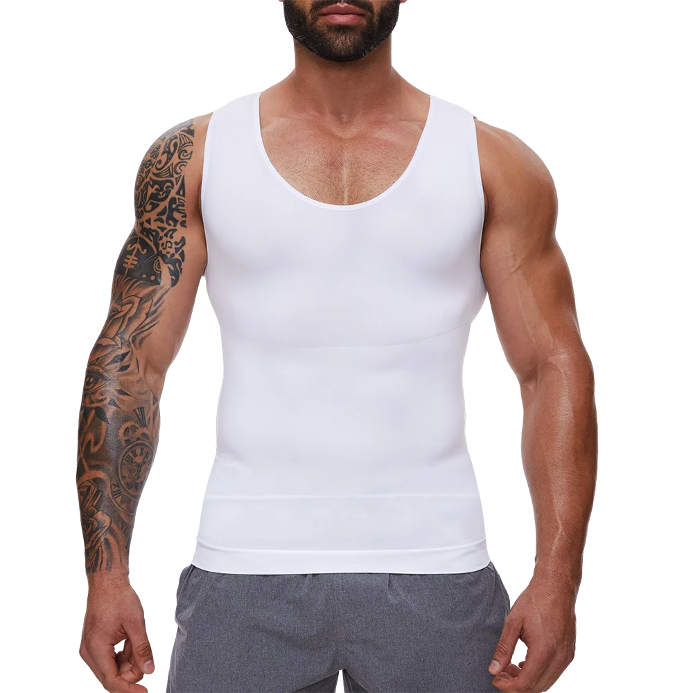 White sleeveless tummy control vest, U-neck tank on model, front view