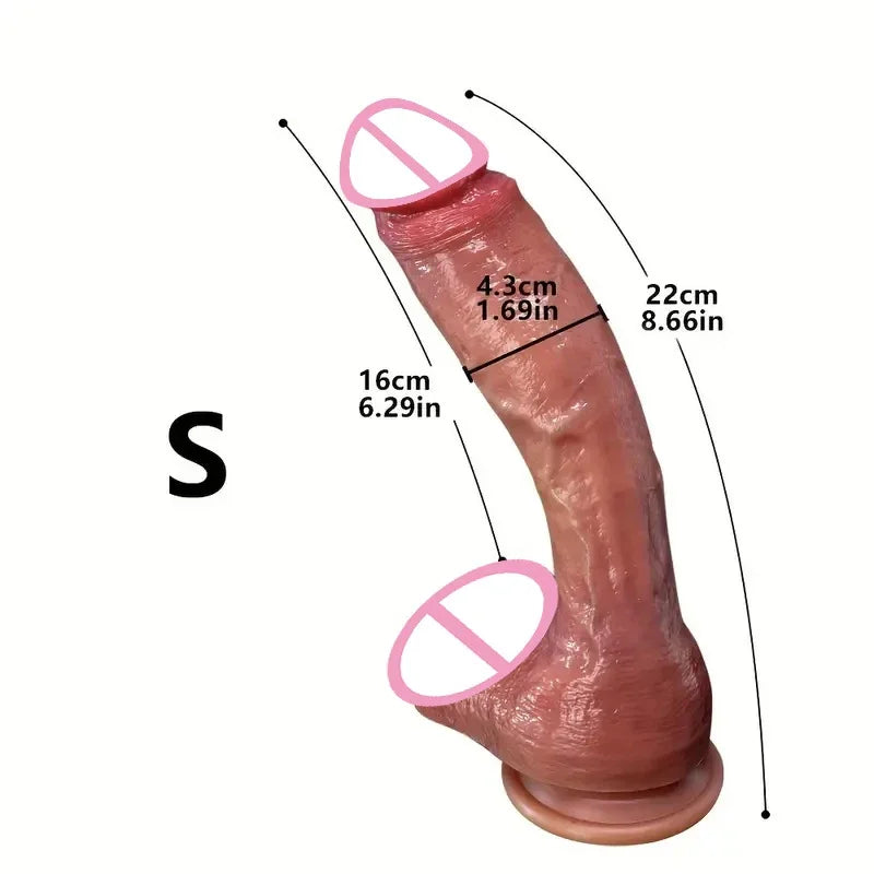 Oversized realistic dildo, S, flesh-pink tone with textured surface, curved.