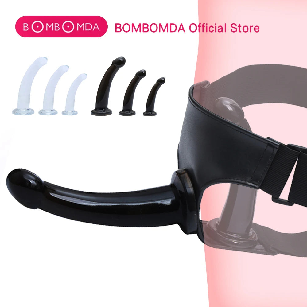 Strap-on harness with multiple curved dildo attachments; black and clear parts included