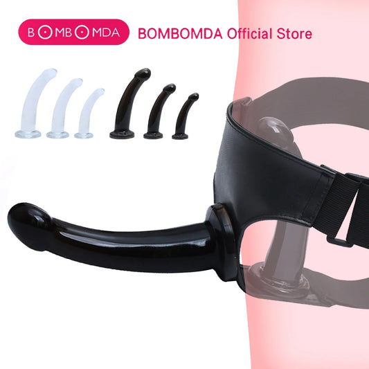 Strap-on harness with multiple curved dildo attachments; black and clear parts included
