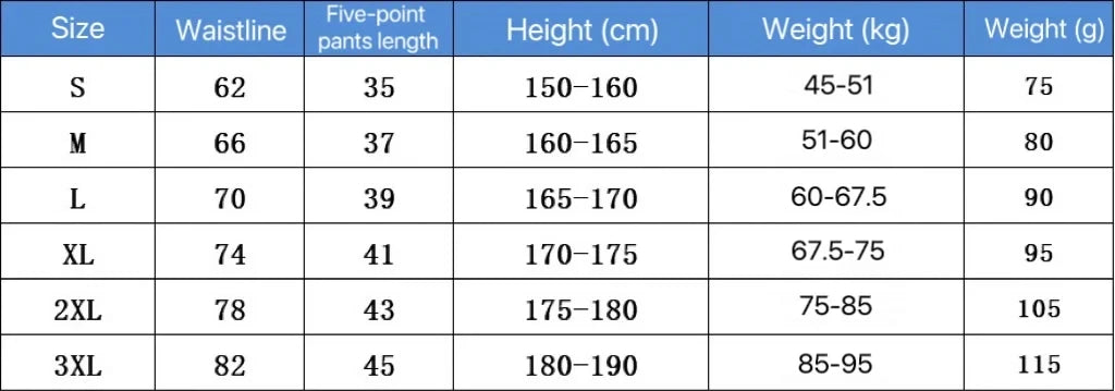 Size chart for quick-dry sports boxer shorts with waistline, height, and weight ranges