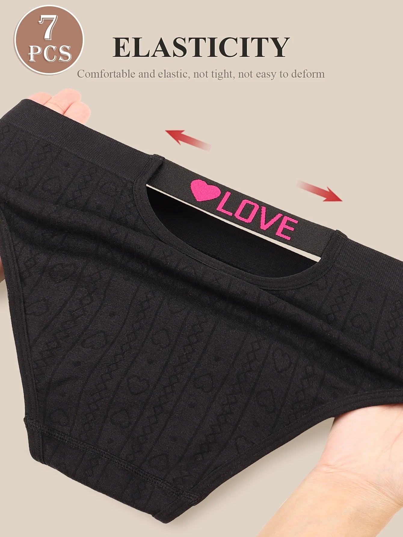 Black seamless brief, pink LOVE heart logo waistband, 7-pack elastic fit