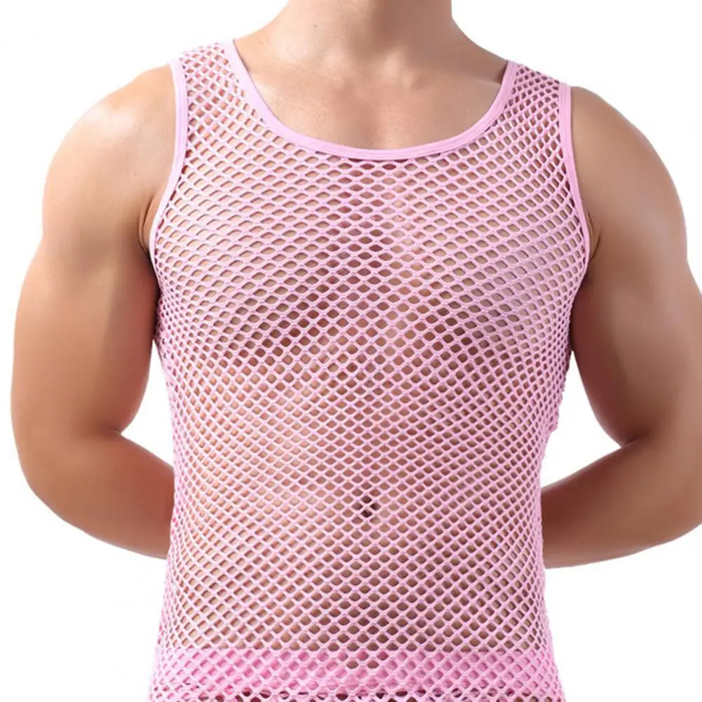 Men's sheer mesh vest, pink fishnet, round crew neck