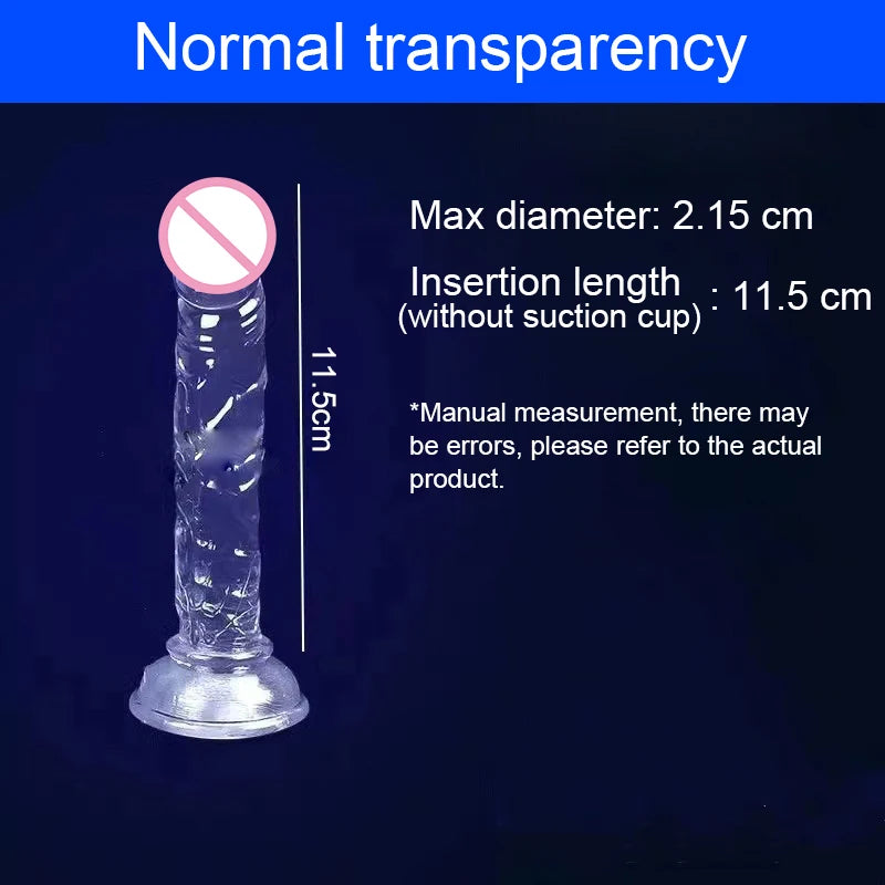 Clear jelly dildo with suction cup; 2.15cm max diameter, 11.5cm insertion length
