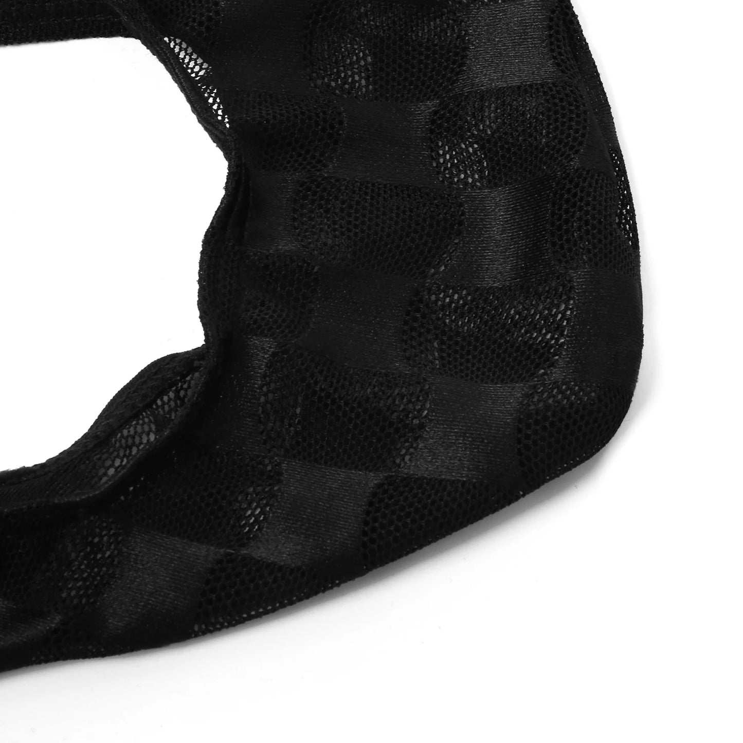 Black transparent checkered mesh brief with textured fabric and curved side seams