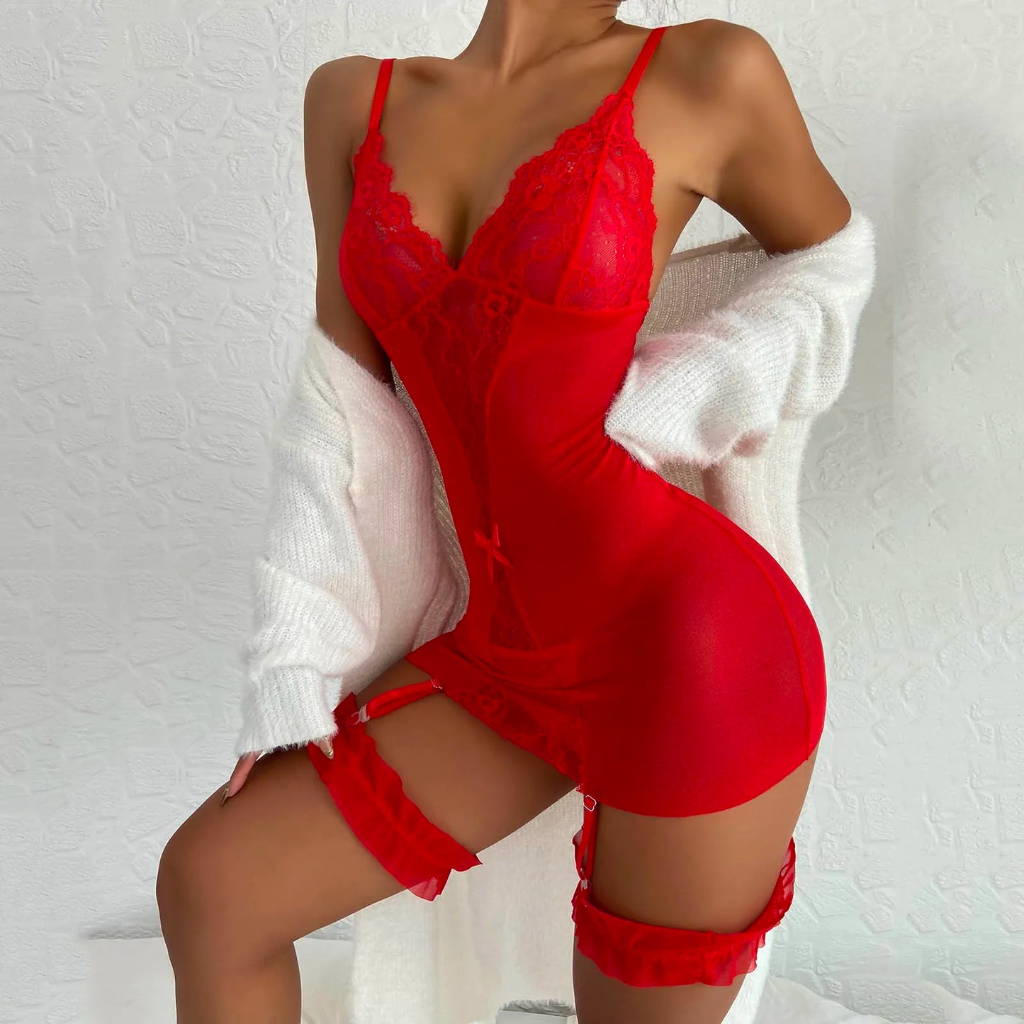 Red lace babydoll nightgown with garters, plunging neckline, side view
