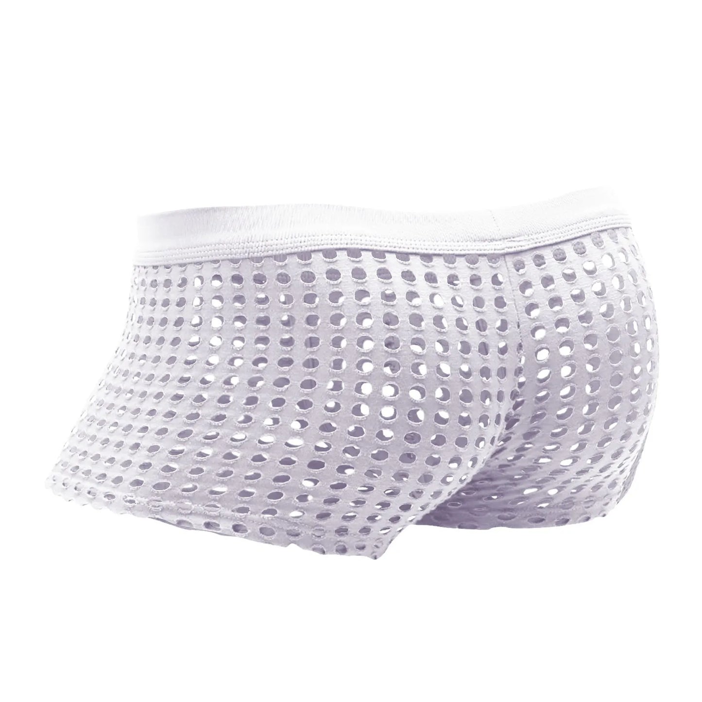 Open-mesh cutout boxer shorts, white, perforated mesh with pouch front.