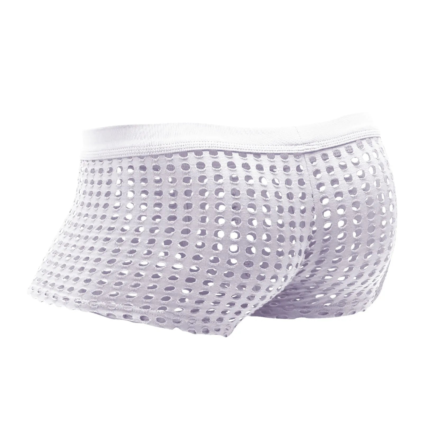 Open-mesh cutout boxer shorts, white, perforated mesh with pouch front.