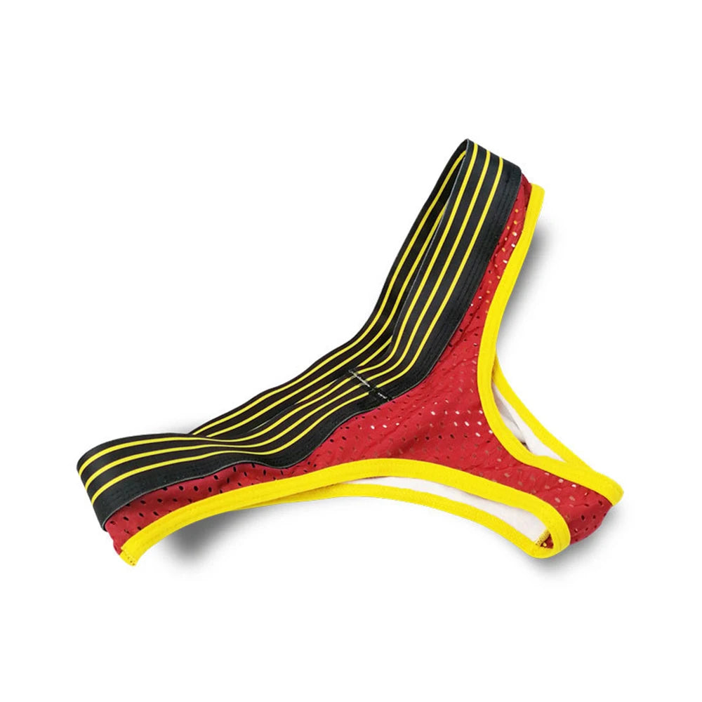 Red mesh U-pouch brief with yellow trim and SENBARTLE letter band on waistband