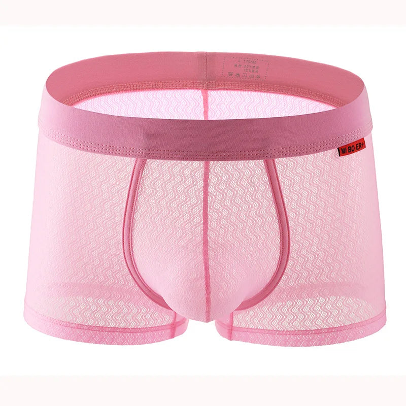 Pink seamless boxer brief with wave-textured fabric and wide elastic waistband, front.