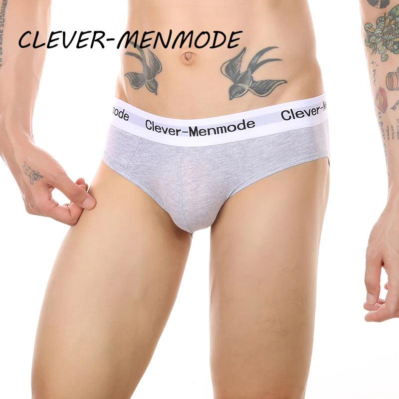 Gray open-back cotton brief with white logo waistband, side view